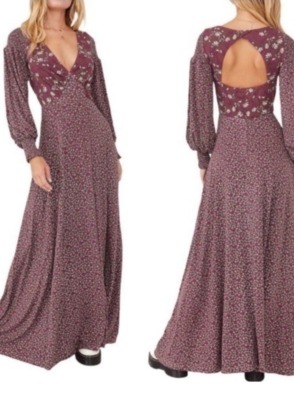 Free People Burgundy Floral Maxi w/ Open Back